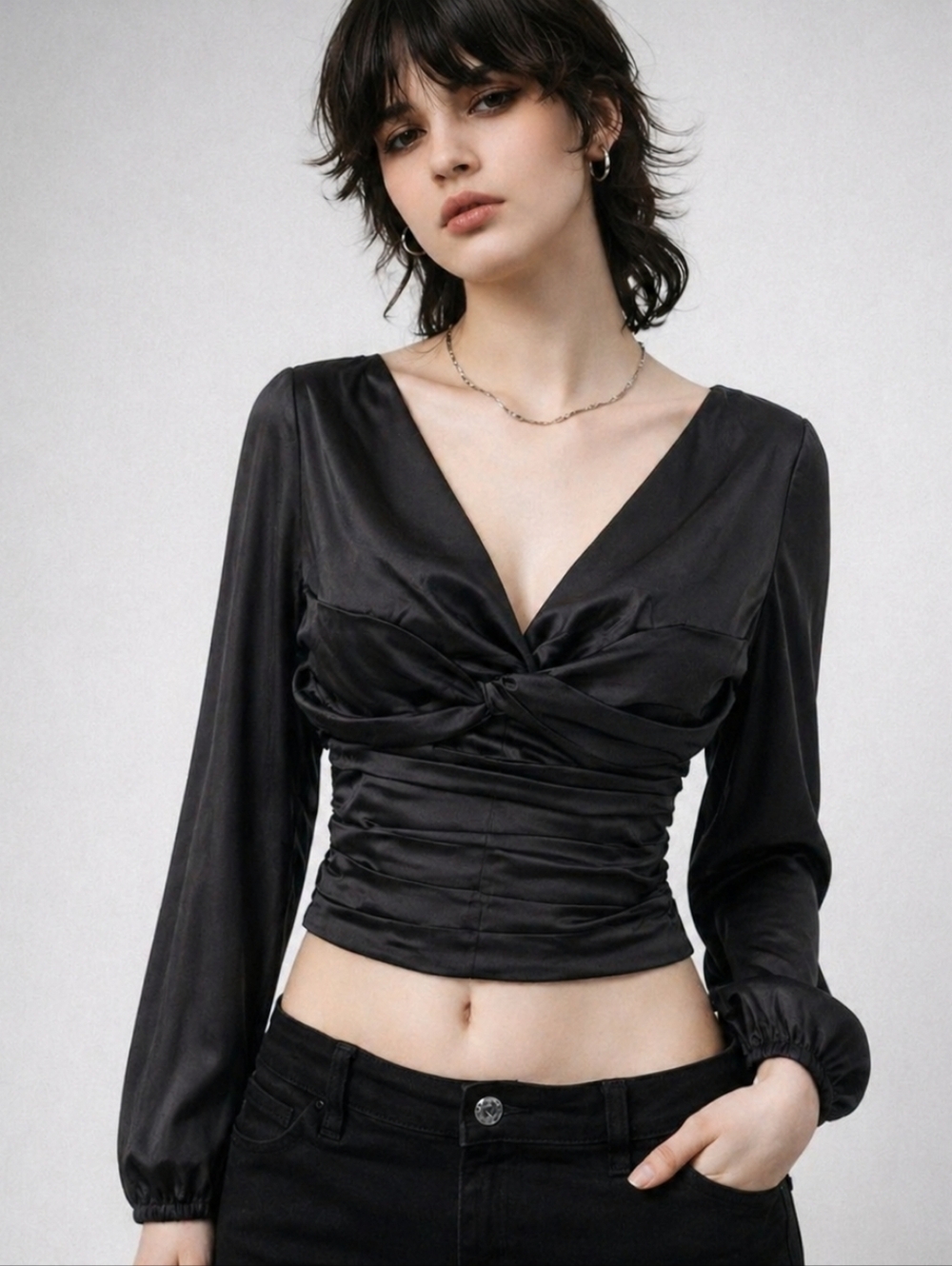 Express Black Satin Top Size Medium Pleated Open Back Bow Gothic Whimsigoth